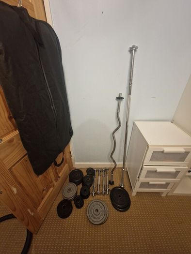 weights ,dumbells , barbell. curl bar and weight bench