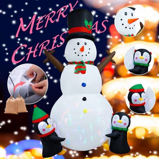8FT Christmas Inflatable Outdoor Decorations, Christmas Inflatable Snowman with Two Penguins, Built-in Rotating LED Light for Outdoor Indoor, Garden, Patio, Lawn, Xmas Party