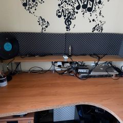 Corner office desk with shelf and pedestal