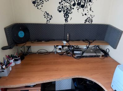 Corner office desk with shelf and pedestal