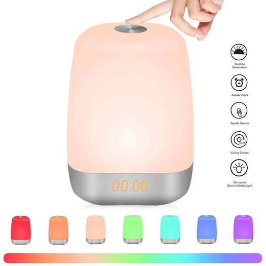 Wake Up Light, Sunvook Alarm Clock Colored Sunrise Simulation LED Digital Alarm Clock Touch Control Dimmable Bedside Lamp with 5 Natural Sounds Rechargeable, 3 Brightness Levels, 256 Color RGB Mode
