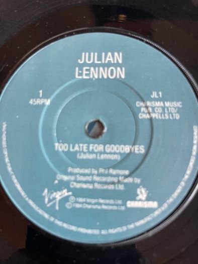 Julian Lennon. Too late for goodbyes picture sleeve vinyl record single in vg+ condition