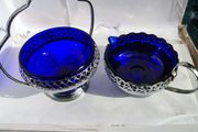 Vintage Cobalt Blue Glass, Chrome Plated, Pedestal Sugar Bowl and creamer, set of 2, Made in England, 1950's