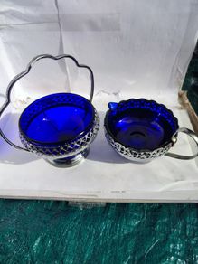 Vintage Cobalt Blue Glass, Chrome Plated, Pedestal Sugar Bowl and creamer, set of 2, Made in England, 1950's