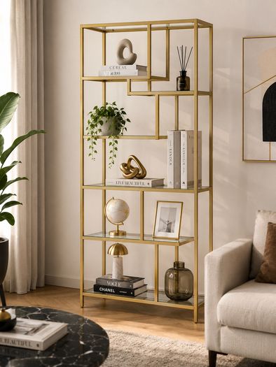 180cm Modern Glass Display Shelf Black or Gold Metal Bookcase 6 Tier Shelving Unit