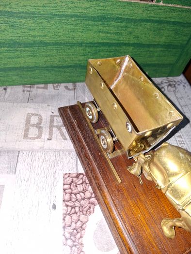 Solid Brass Shire Horse Pulling a Mining Cart mounted on wooden plinth, Postage Available or collection