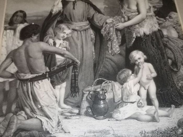 Beautiful antique engraving 1855 The Alms deeds of Dorcas