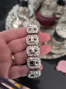 Silver Tone Crystal Bracelet Double C Motif High Quality Heavy Solid 17cm