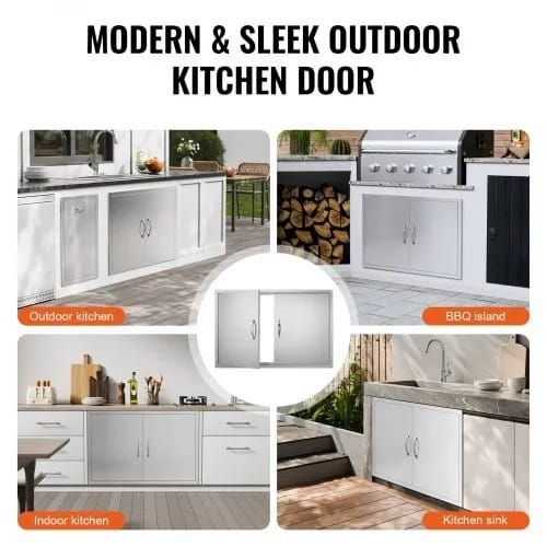 BBQ Access Door, 990x660 mm Double Outdoor Kitchen Door, Stainless Steel Flush Mount Door, Wall Vertical Door with Handles and Hooks