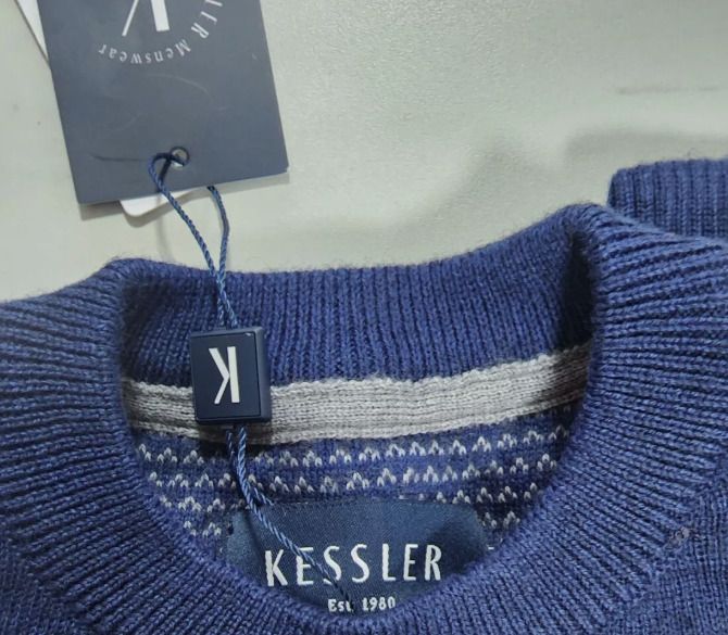New Round Neck Mens warm Sweater Jumper Merino 50% wool RRP 80 eur Wool blend Solid Dark Blue brand NEW
