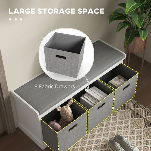 Three-Drawer Shoe Storage Bench, with Padded Top Seat - White