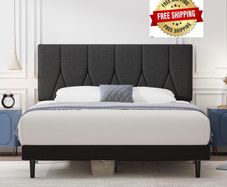 Small Double Bed Frame, Black, Upholstered Wooden Slat Bed Frame with Headboard