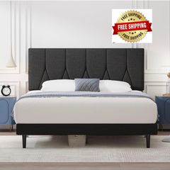 Small Double Bed Frame, Black, Upholstered Wooden Slat Bed Frame with Headboard