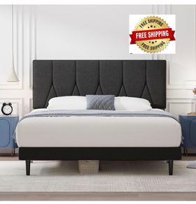 Small Double Bed Frame, Black, Upholstered Wooden Slat Bed Frame with Headboard
