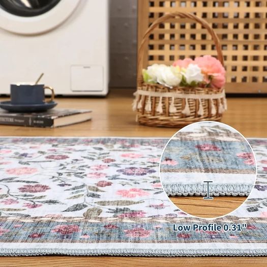 Hallway Runner Rug 60x180 cm, Floral Bedside Rugs Bedroom, Washable Farmhouse Carpet for Living Room, Low Pile Foldable Floor Mat for Kitchen, Blue