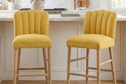 Set of 2 Wooden Bar Stools - Padded Linen Seat - Backrest &amp; Footrest - Yellow