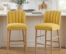 Set of 2 Wooden Bar Stools - Padded Linen Seat - Backrest & Footrest - Yellow