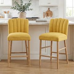 Set of 2 Wooden Bar Stools - Padded Linen Seat - Backrest & Footrest - Yellow