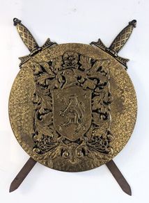Antique/Vintage Brass Heraldry Lion & Swords Shield Wall Decor - OBO