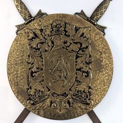 Antique/Vintage Brass Heraldry Lion & Swords Shield Wall Decor - OBO