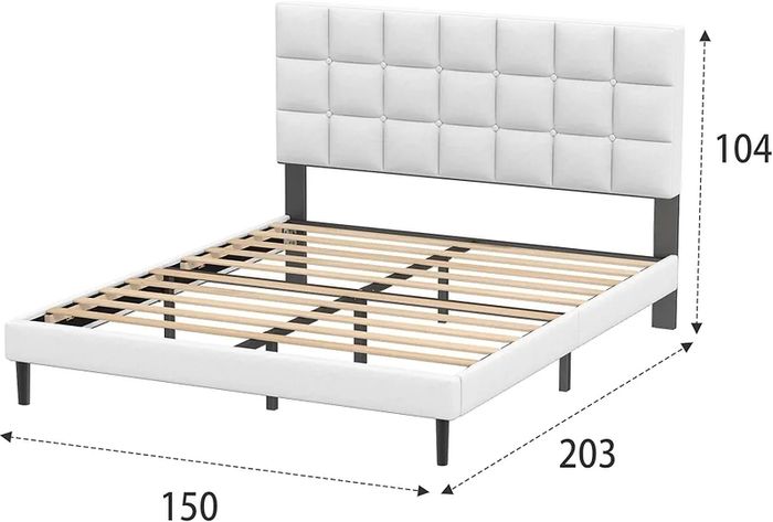 King Bed Frame, Easy Assembly, Sturdy Wooden Slat Support, Upholstered Platform with Headboard, No Box Spring Needed, White King Bed 150 by 200