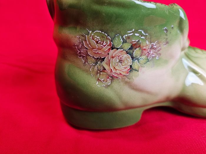 Staffordshire Style Porcelain Boot Vase - Green with Roses ,  Decor or Cactus Planter