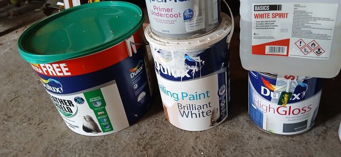 a selection of paint and a paint roller and some good paint brushes
