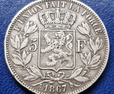 Belgium 1867 (Small Head) 5 Francs Silver coin