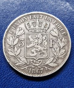 Belgium 1867 (Small Head) 5 Francs Silver coin