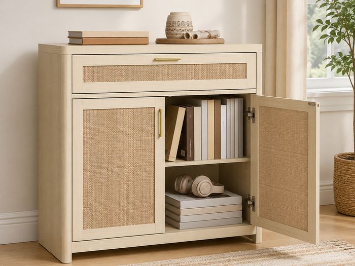 Kitchen Cabinet Sideboard with Rattan Effect Doors Boho Style Natural Beige