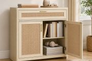 Kitchen Cabinet Sideboard with Rattan Effect Doors Boho Style Natural Beige