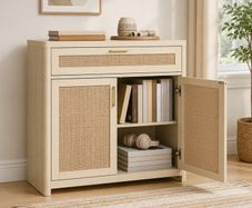 Kitchen Cabinet Sideboard with Rattan Effect Doors Boho Style Natural Beige