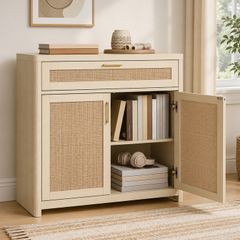 Kitchen Cabinet Sideboard with Rattan Effect Doors Boho Style Natural Beige