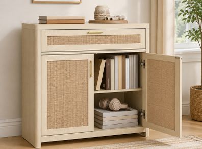 Kitchen Cabinet Sideboard with Rattan Effect Doors Boho Style Natural Beige