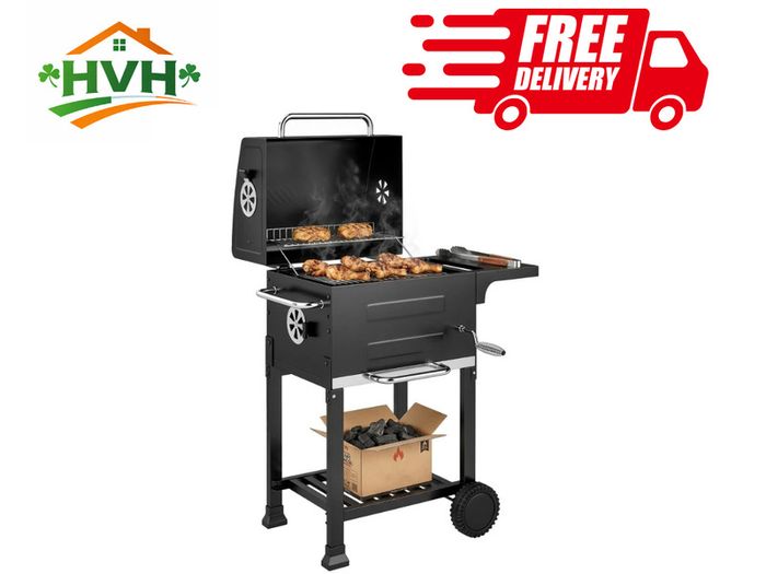 Portable Charcoal Grill with Stainless Steel Grates Side Shelf Thermometer Ash Pan and Wheels Black