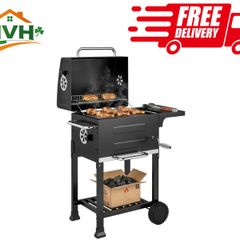 Portable Charcoal Grill with Stainless Steel Grates Side Shelf Thermometer Ash Pan and Wheels Black