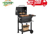 Portable Charcoal Grill with Stainless Steel Grates Side Shelf Thermometer Ash Pan and Wheels Black