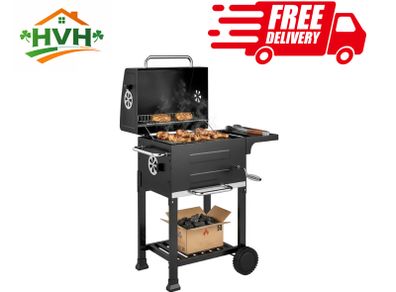 Portable Charcoal Grill with Stainless Steel Grates Side Shelf Thermometer Ash Pan and Wheels Black