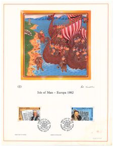 1980 Isle of Man Limited Edition Lithographed Print measuring 333mm X 257mm showing Europa Historic Events Commemorative Stamps with First Day of Issue Cancel
