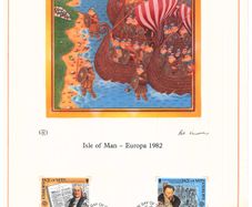 1980 Isle of Man Limited Edition Lithographed Print measuring 333mm X 257mm showing Europa Historic Events Commemorative Stamps with First Day of Issue Cancel
