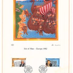 1980 Isle of Man Limited Edition Lithographed Print measuring 333mm X 257mm showing Europa Historic Events Commemorative Stamps with First Day of Issue Cancel