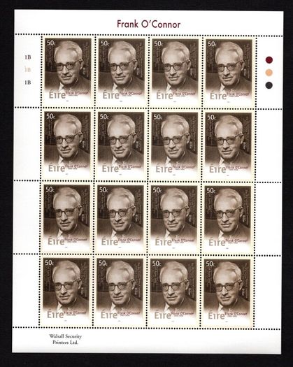 2003 Ireland Birth Centenaries of 50c Frank O'Connor & 57c ETS Walton Commemorative Stamps Sheetlet Plate 1B1B1B Mint Never Hinged (MNH)
