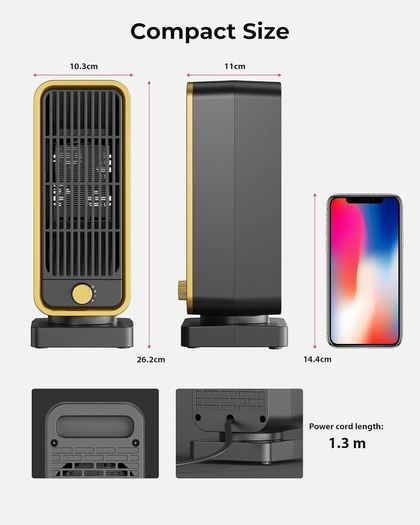 Portable Mini Electric Heater - 900W Energy Efficient Quiet Space Heater, 3 Modes, Tip-Over/Overheat Protection, 45dB Quiet Operation, PTC Ceramic Heater Fan for for Bedroom, Office & Home [Energy Class A]