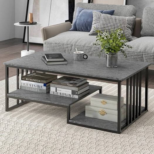 Marble Coffee Table with 2 Open Shelves, Sofa Table with Metal Frame, Rectangular Coffee Table for Living Room, Office, 110 x 60 x 45 cm, Max. 90 kg, Grey