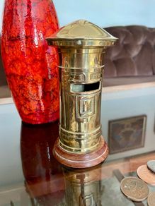 Vintage Novelty Post Office Box Money Box Brass With Wooden Base