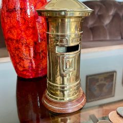 Vintage Novelty Post Office Box Money Box Brass With Wooden Base
