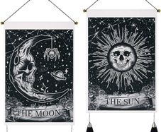 Set of 2 Gothic Small Tapestries with Tassels, Gothic Home Decor Skeleton Sun Moon Wall Hanging, Black White Wall Art Tapestry for Bedroom Aesthetic Halloween, 35x50 cm