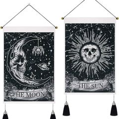 Set of 2 Gothic Small Tapestries with Tassels, Gothic Home Decor Skeleton Sun Moon Wall Hanging, Black White Wall Art Tapestry for Bedroom Aesthetic Halloween, 35x50 cm