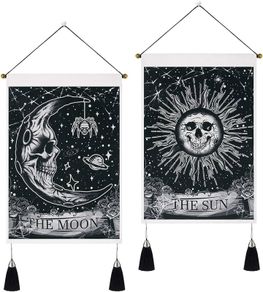 Set of 2 Gothic Small Tapestries with Tassels, Gothic Home Decor Skeleton Sun Moon Wall Hanging, Black White Wall Art Tapestry for Bedroom Aesthetic Halloween, 35x50 cm