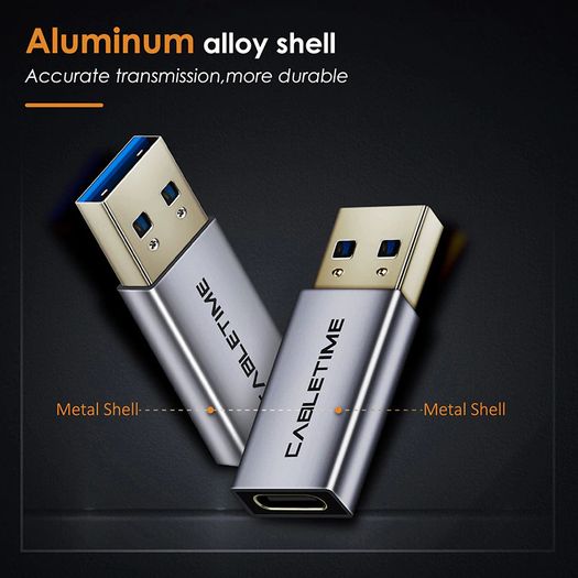 Cabletime Aluminum Alloy USB 3.1 Gen 2 (10 Gbps) Type-C (Female) to Type-A (Male) 60W Premium Adapter Convertor (Brand New/Warranty)